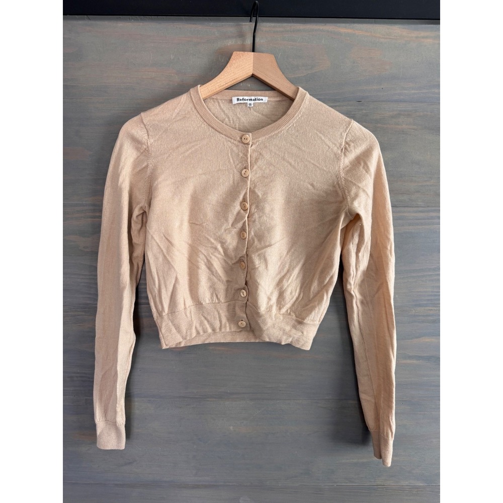 Reformation Cropped Cardigan Beige Extrafine Merino Wool Sweater M